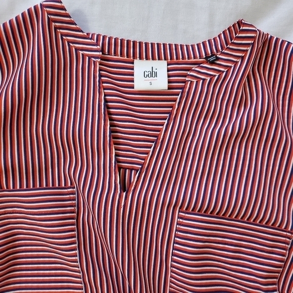 CAbi Blouse Small Franklin Red Striped Top Pockets Lightweight Longsleeve - Picture 2 of 8